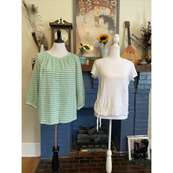 J Jill S Tops Oversized Stripe Peasant Shirt Cotton LINEN T shirt Lot of 2 - Picture 1 of 12